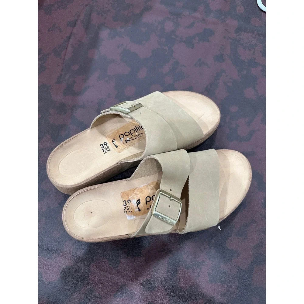 Papillio by Birkenstock Tan Nubuck Platform Slide Sandals Gold Buckle Size 39
